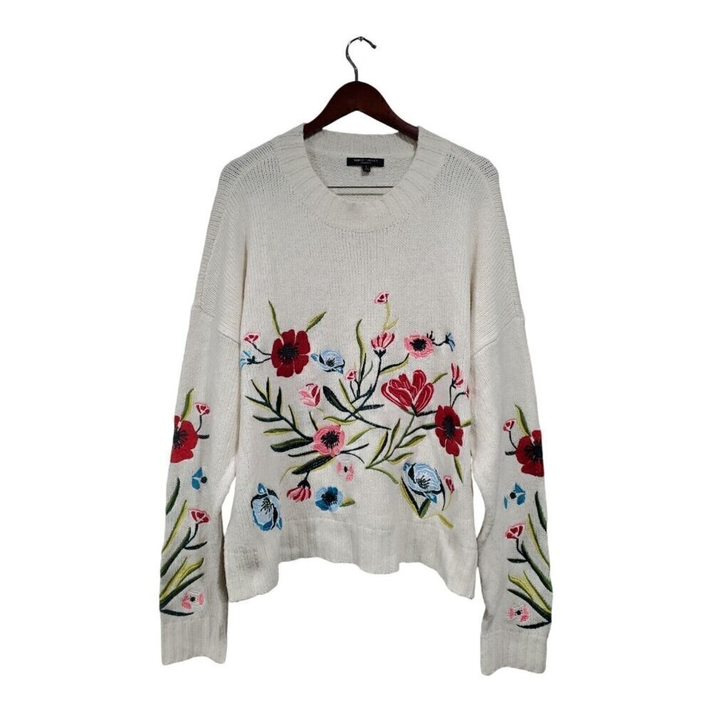 Romeo & Juliet Couture Embroidered Floral Knit Oversized Sweater Off White Sz L